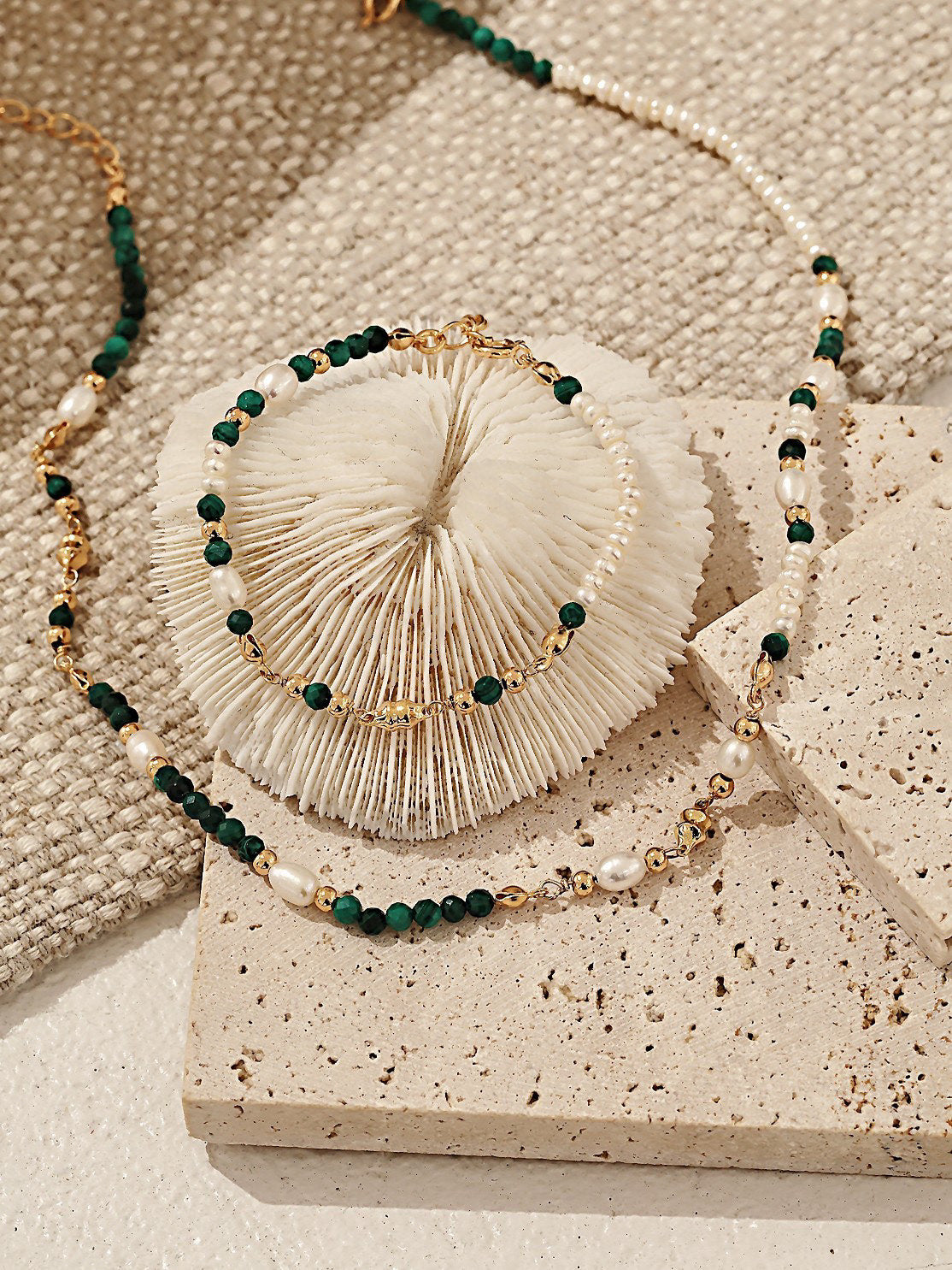 Vintage natural pearl malachite necklace