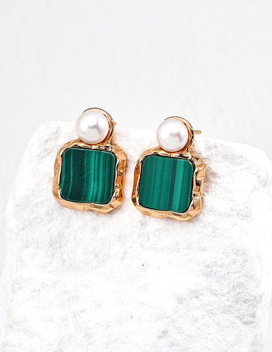 Vintage natural pearl peacock stone earrings