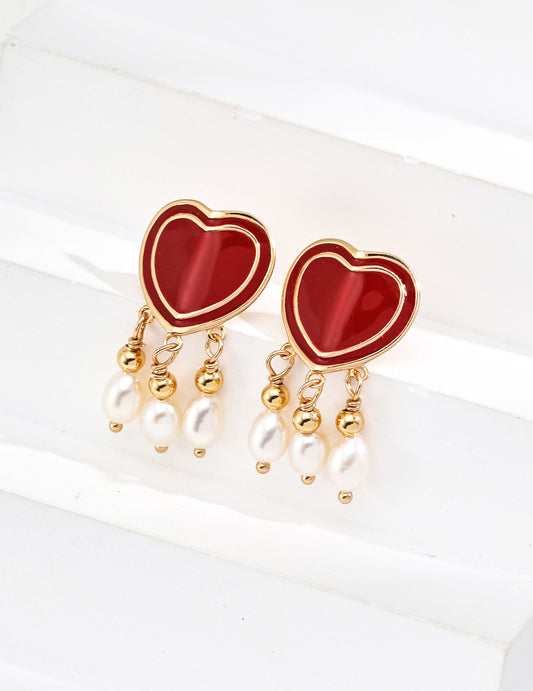Stylish red drop-glazed heart earrings