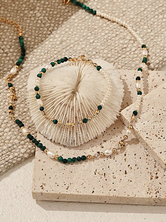 Vintage natural pearl malachite necklace